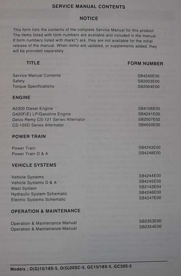 Doosan D25S Forklift Service Manual Contents Page